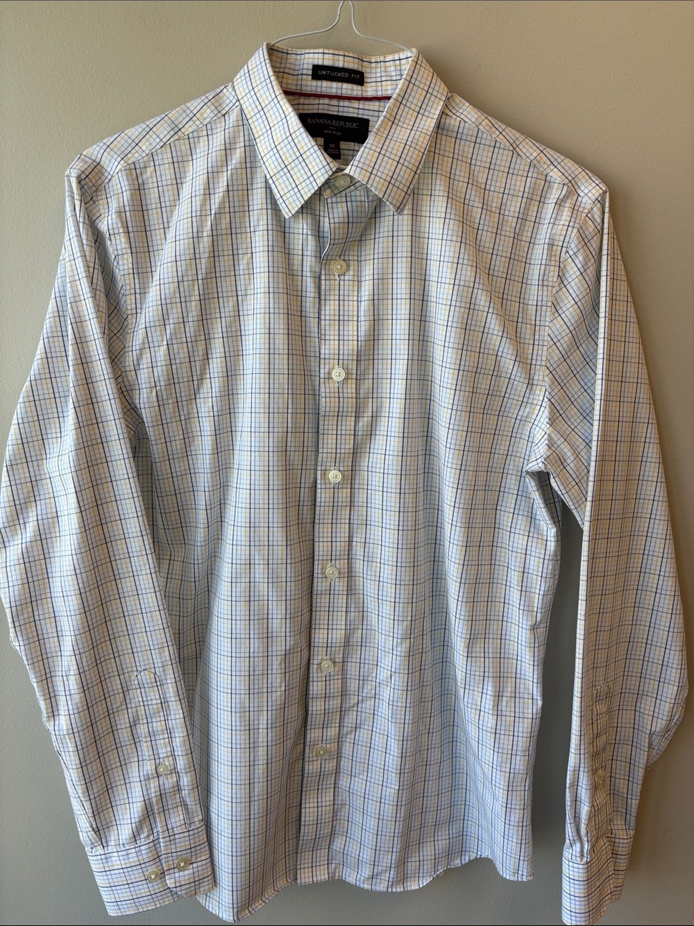 Banana Republic Factory White Dress Shirt with Blue and Yellow Windowpane Plaid